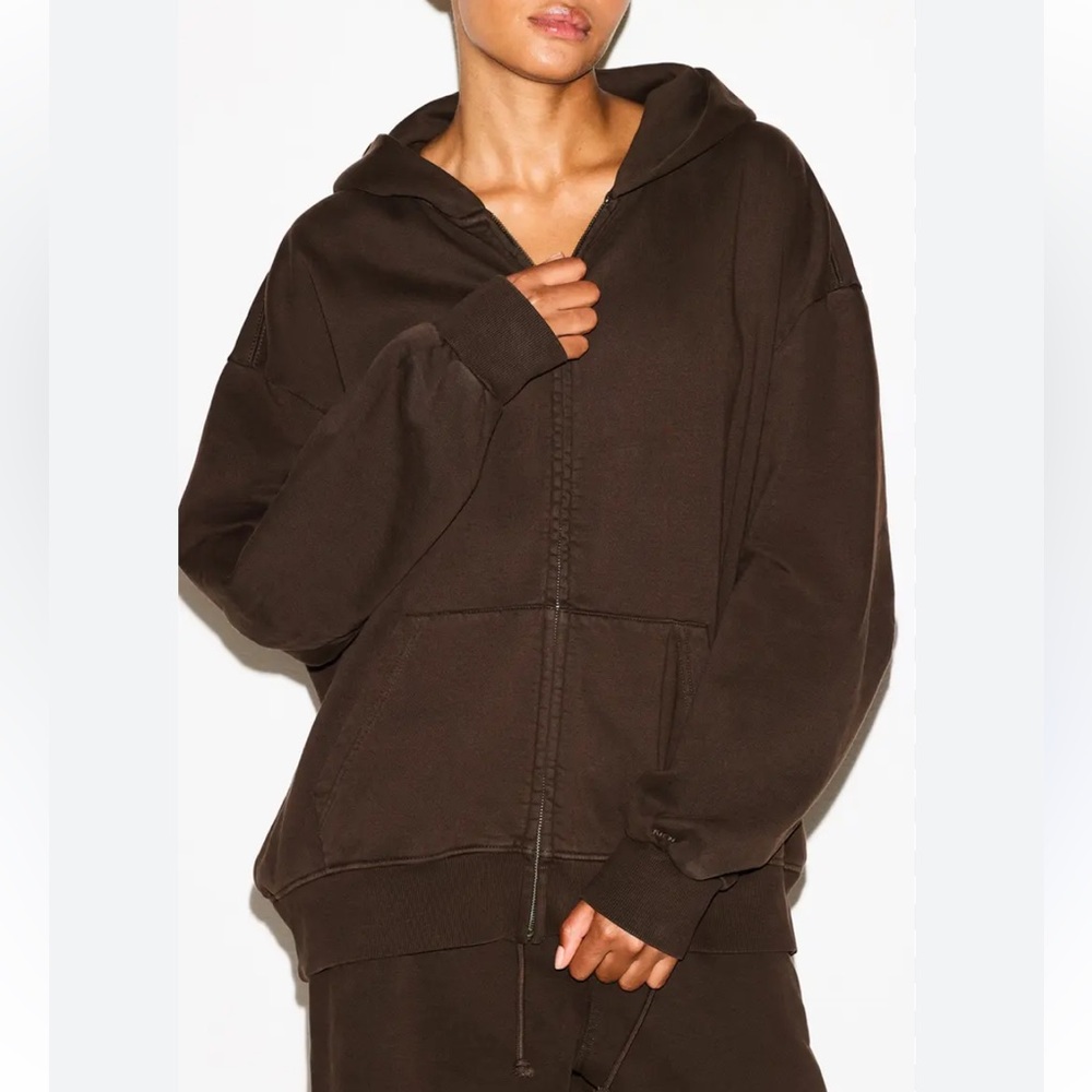 SKIMS Boxy Zip Up Fleece Hoodie Espresso Brown